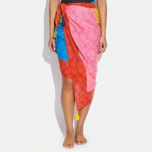 COACH Colorblock Signature Sarong Scarf With Tassels One Size